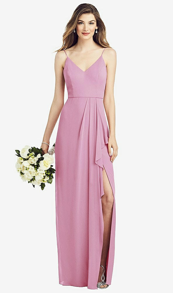 Front View - Powder Pink Spaghetti Strap Draped Skirt Gown with Front Slit