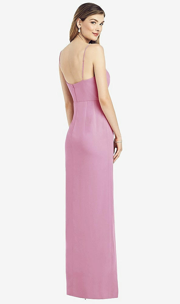 Back View - Powder Pink Spaghetti Strap Draped Skirt Gown with Front Slit