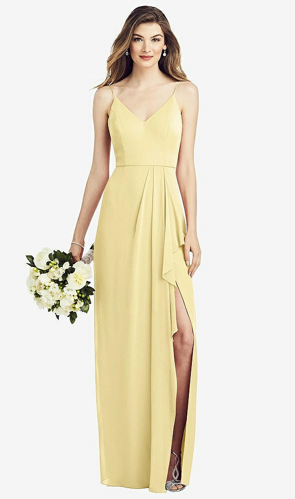 Front View - Pale Yellow Spaghetti Strap Draped Skirt Gown with Front Slit