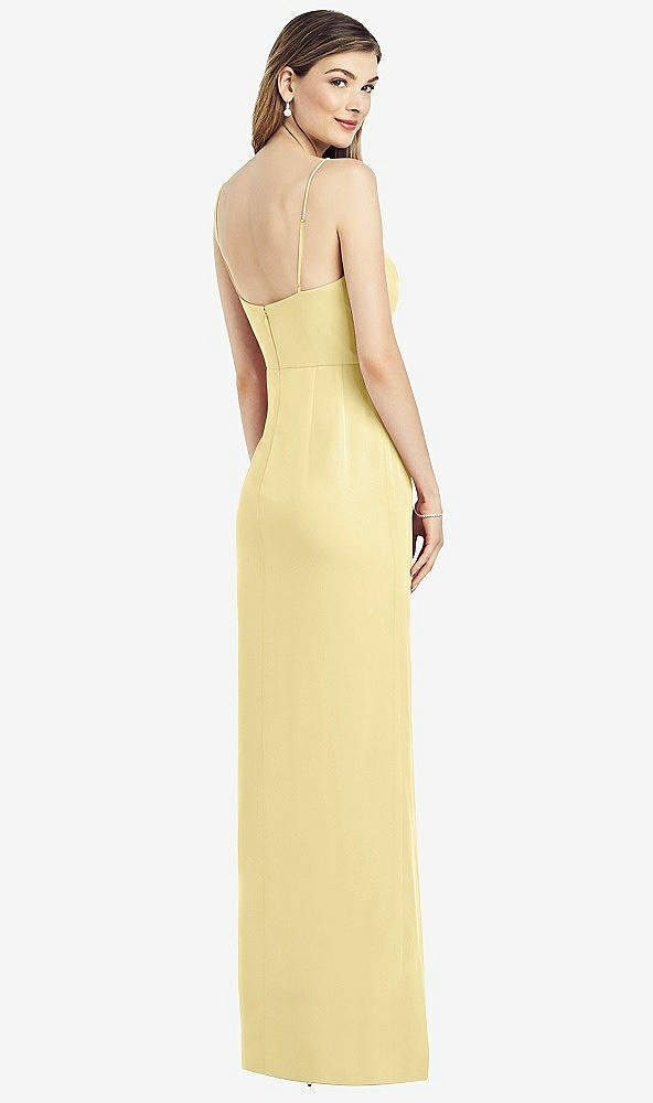 Back View - Pale Yellow Spaghetti Strap Draped Skirt Gown with Front Slit