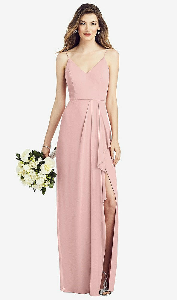Front View - Rose - PANTONE Rose Quartz Spaghetti Strap Draped Skirt Gown with Front Slit