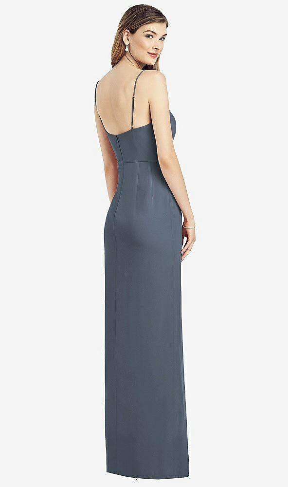Back View - Silverstone Spaghetti Strap Draped Skirt Gown with Front Slit