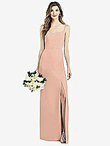 Front View Thumbnail - Pale Peach Spaghetti Strap V-Back Crepe Gown with Front Slit
