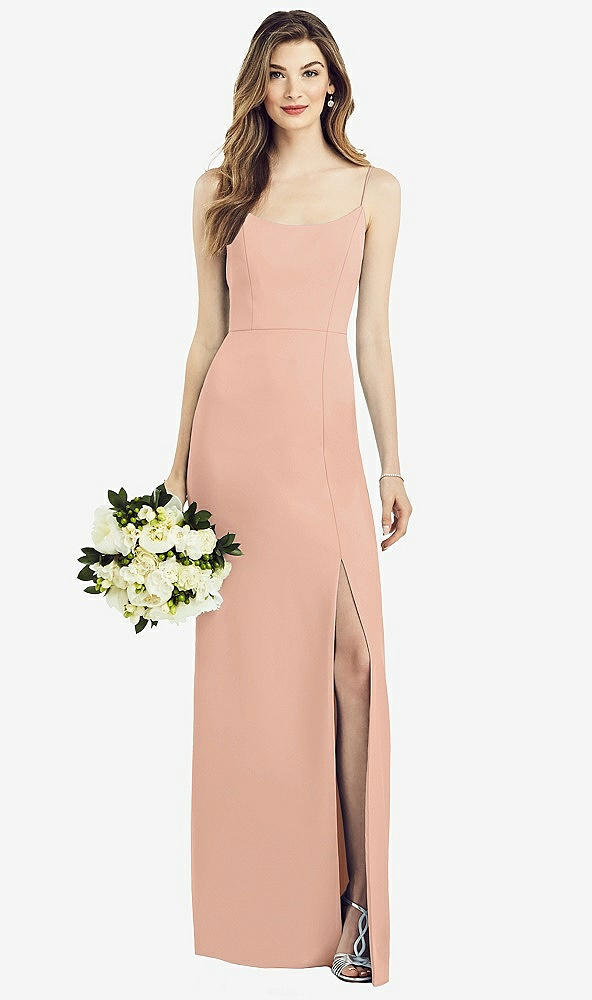 Front View - Pale Peach Spaghetti Strap V-Back Crepe Gown with Front Slit