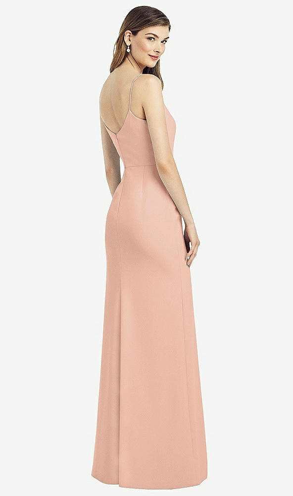 Back View - Pale Peach Spaghetti Strap V-Back Crepe Gown with Front Slit