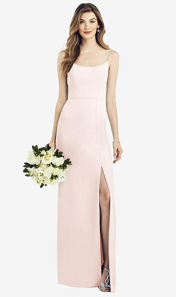 Front View - Blush Spaghetti Strap V-Back Crepe Gown with Front Slit