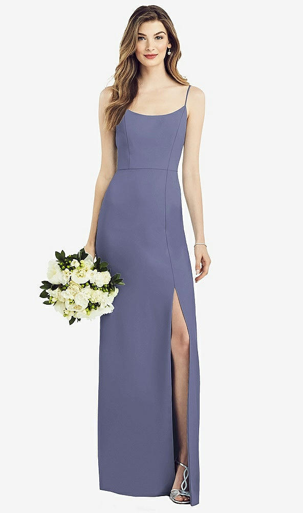 Front View - French Blue Spaghetti Strap V-Back Crepe Gown with Front Slit
