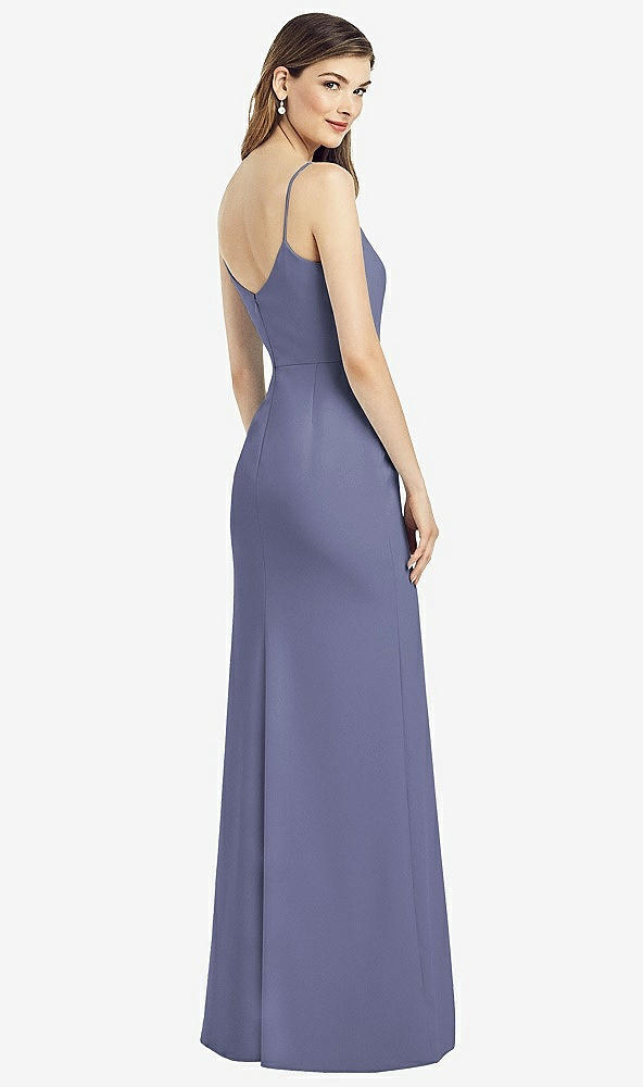 Back View - French Blue Spaghetti Strap V-Back Crepe Gown with Front Slit