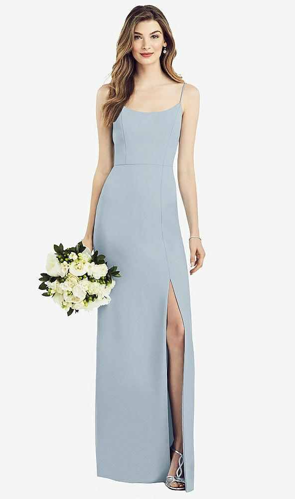 Front View - Mist Spaghetti Strap V-Back Crepe Gown with Front Slit