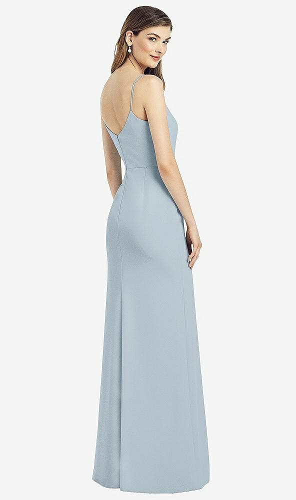 Back View - Mist Spaghetti Strap V-Back Crepe Gown with Front Slit