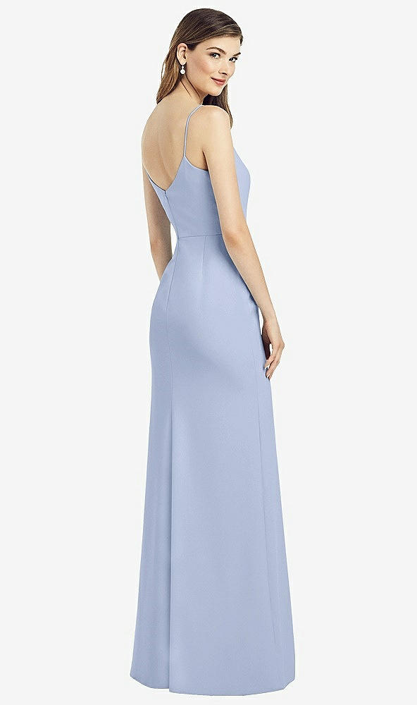 Back View - Sky Blue Spaghetti Strap V-Back Crepe Gown with Front Slit