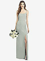 Front View Thumbnail - Willow Green Spaghetti Strap V-Back Crepe Gown with Front Slit