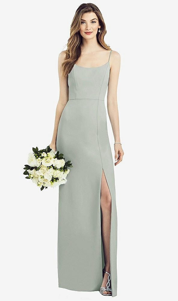 Front View - Willow Green Spaghetti Strap V-Back Crepe Gown with Front Slit