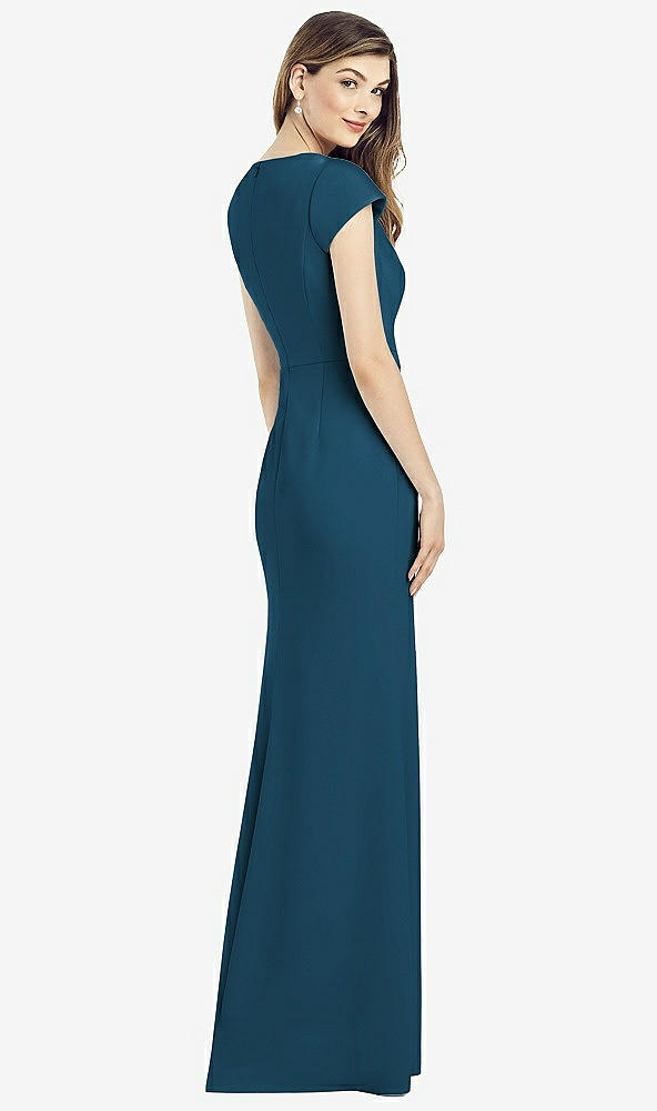 Back View - Atlantic Blue Cap Sleeve A-line Crepe Gown with Pockets