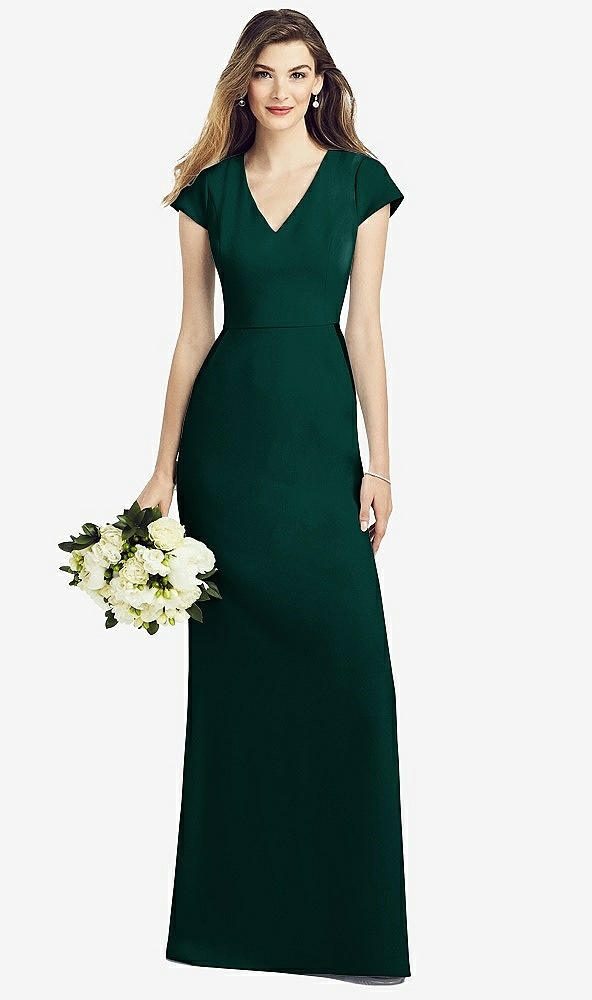 Front View - Evergreen Cap Sleeve A-line Crepe Gown with Pockets