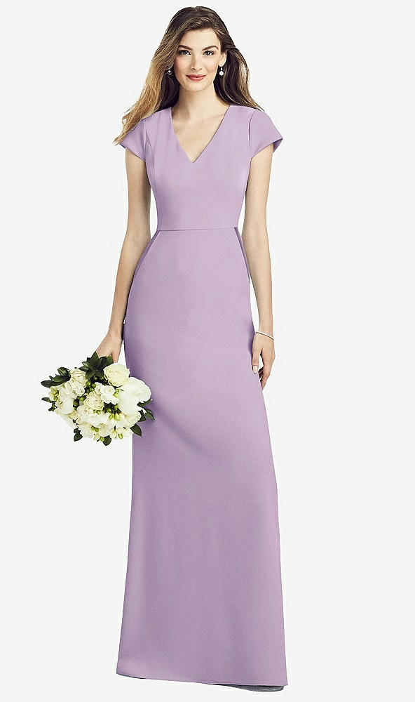 Front View - Pale Purple Cap Sleeve A-line Crepe Gown with Pockets