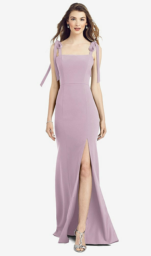 Front View - Suede Rose Flat Tie-Shoulder Crepe Trumpet Gown with Front Slit