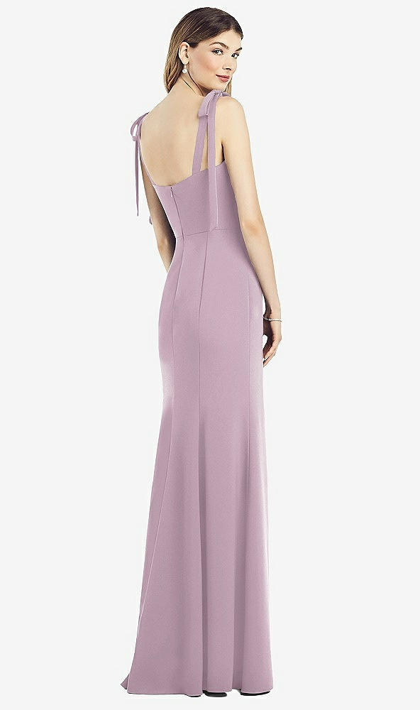 Back View - Suede Rose Flat Tie-Shoulder Crepe Trumpet Gown with Front Slit