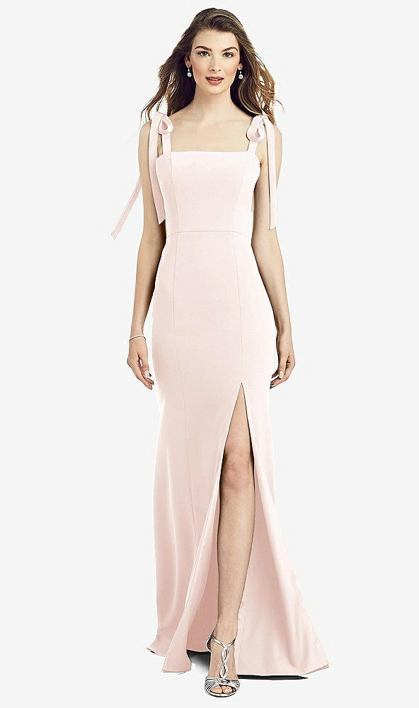 Front View - Blush Flat Tie-Shoulder Crepe Trumpet Gown with Front Slit