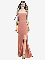 Front View Thumbnail - Desert Rose Flat Tie-Shoulder Crepe Trumpet Gown with Front Slit