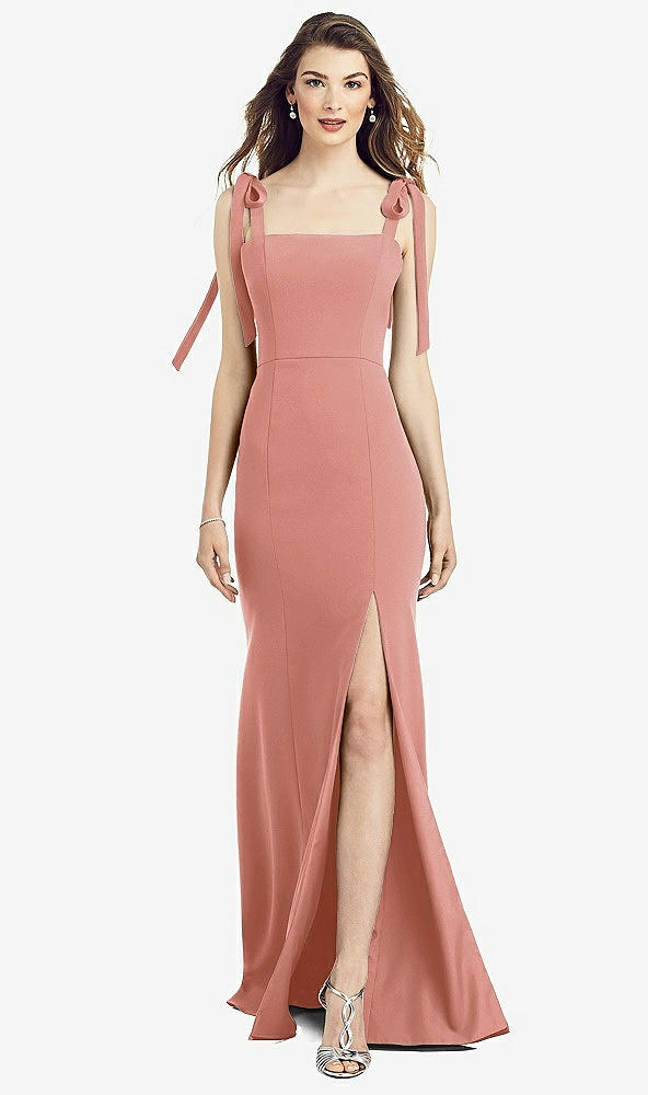 Front View - Desert Rose Flat Tie-Shoulder Crepe Trumpet Gown with Front Slit