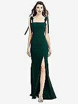 Front View Thumbnail - Evergreen Flat Tie-Shoulder Crepe Trumpet Gown with Front Slit