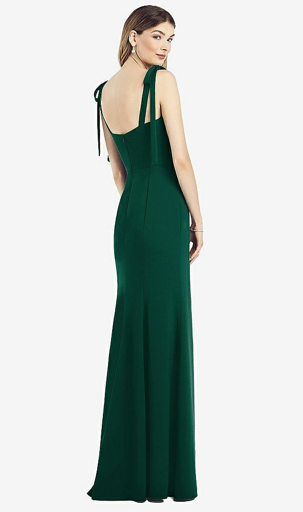 Back View - Hunter Green Flat Tie-Shoulder Crepe Trumpet Gown with Front Slit