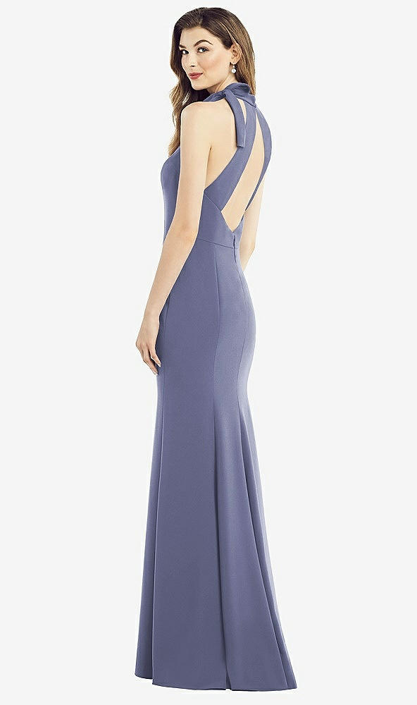 Front View - French Blue Bow-Neck Open-Back Trumpet Gown