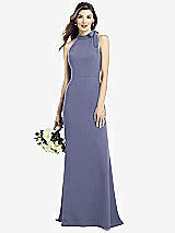 Rear View Thumbnail - French Blue Bow-Neck Open-Back Trumpet Gown