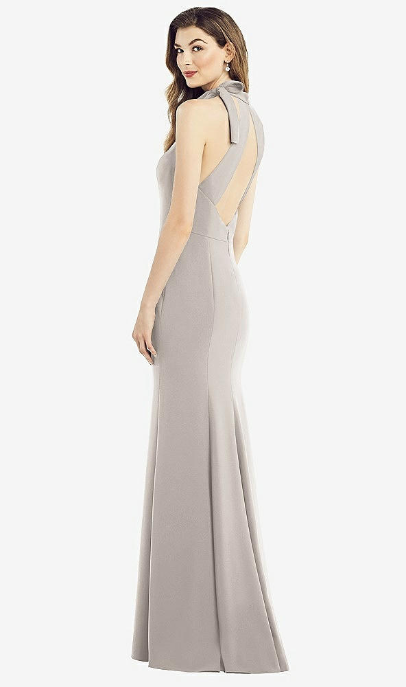 Front View - Taupe Bow-Neck Open-Back Trumpet Gown
