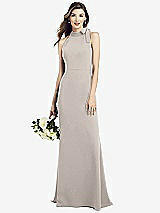 Rear View Thumbnail - Taupe Bow-Neck Open-Back Trumpet Gown