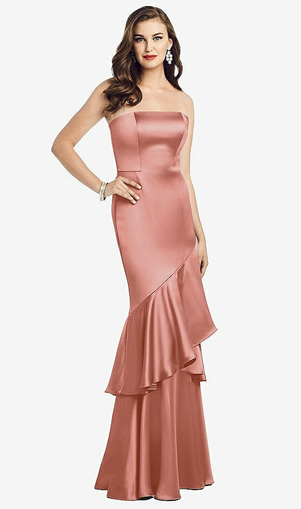 Front View - Desert Rose Strapless Tiered Ruffle Trumpet Gown