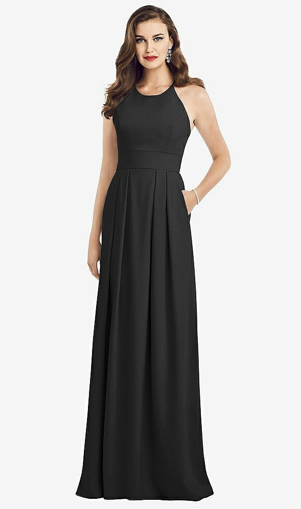 Front View - Black Criss Cross Back Crepe Halter Dress with Pockets