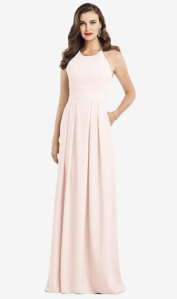 Front View - Blush Criss Cross Back Crepe Halter Dress with Pockets