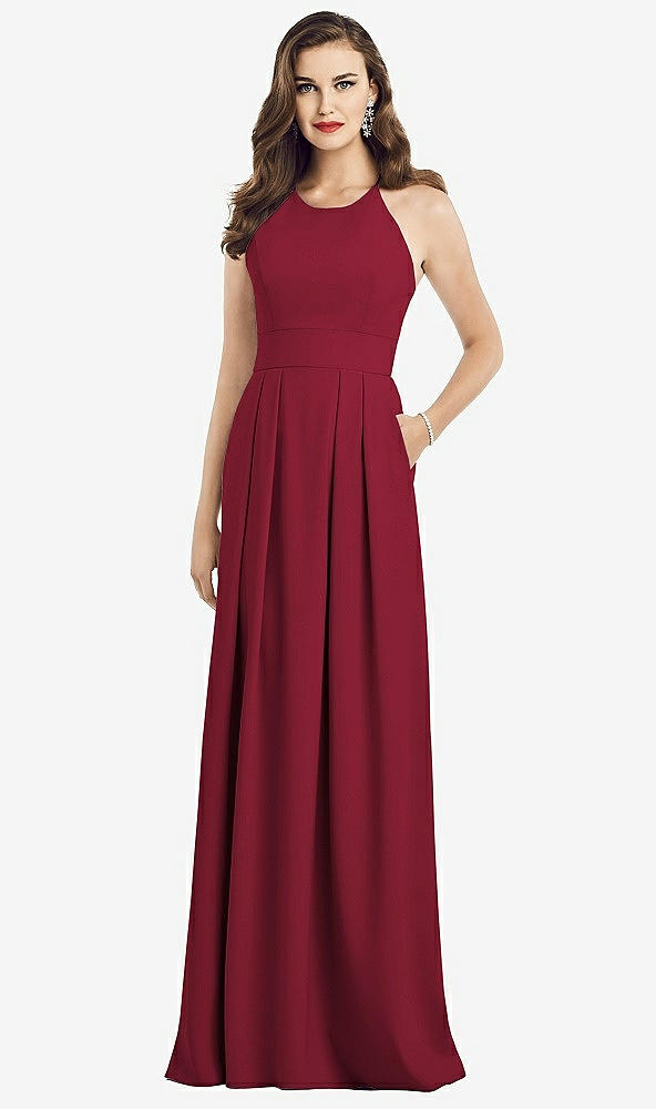 Front View - Burgundy Criss Cross Back Crepe Halter Dress with Pockets