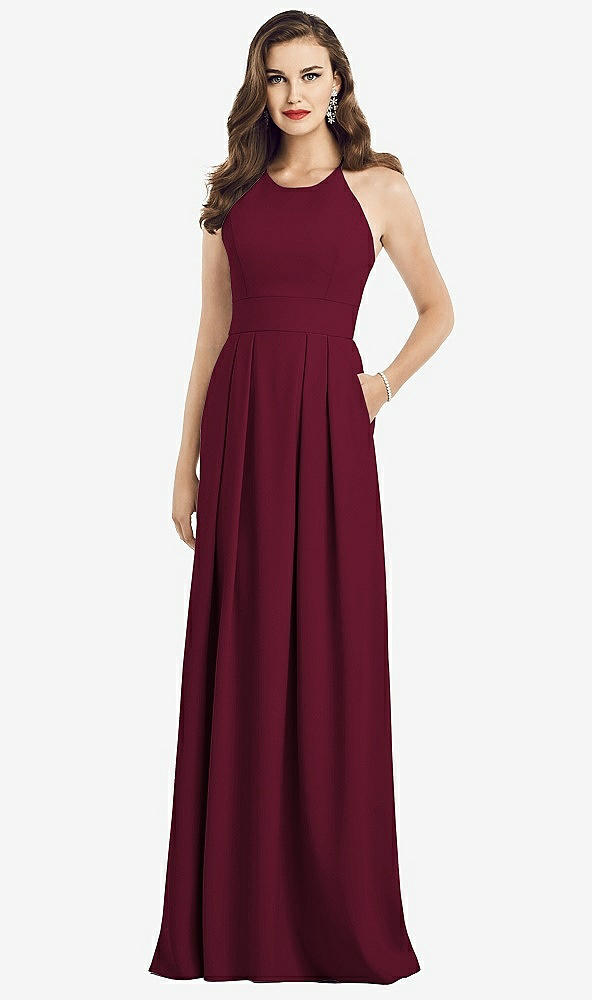 Front View - Cabernet Criss Cross Back Crepe Halter Dress with Pockets