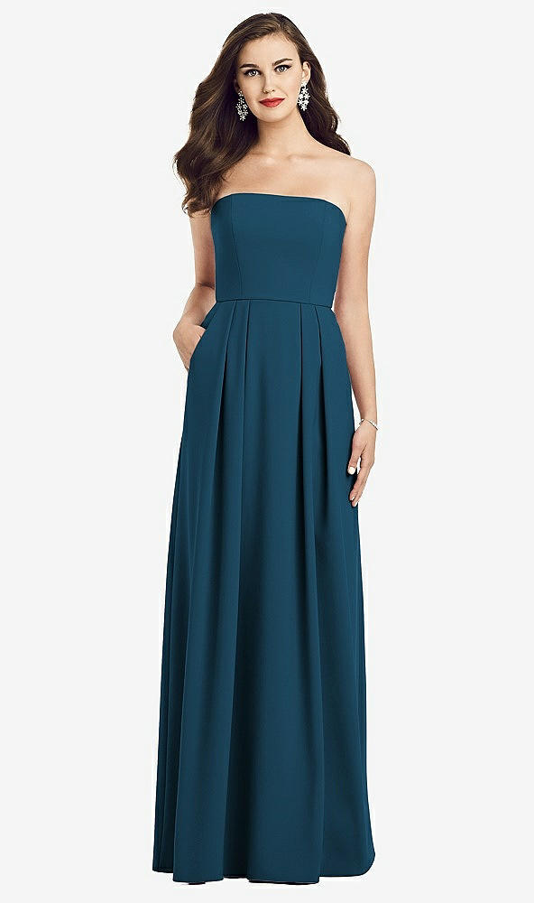 Front View - Atlantic Blue Strapless Pleated Skirt Crepe Dress with Pockets