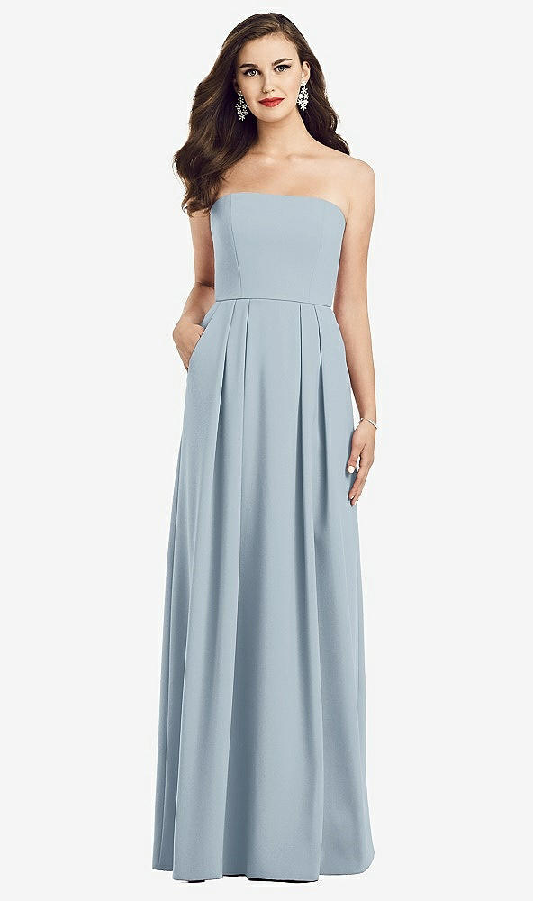 Front View - Mist Strapless Pleated Skirt Crepe Dress with Pockets