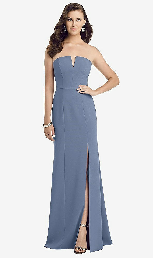Front View - Larkspur Blue Strapless Notch Crepe Gown with Front Slit