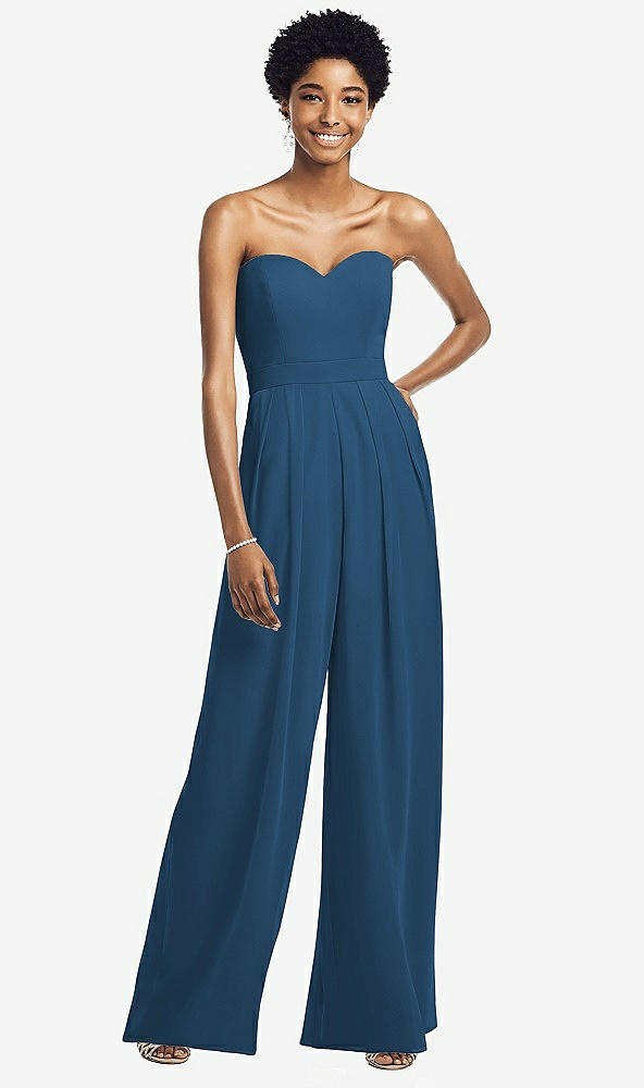 Front View - Dusk Blue Strapless Chiffon Wide Leg Jumpsuit with Pockets