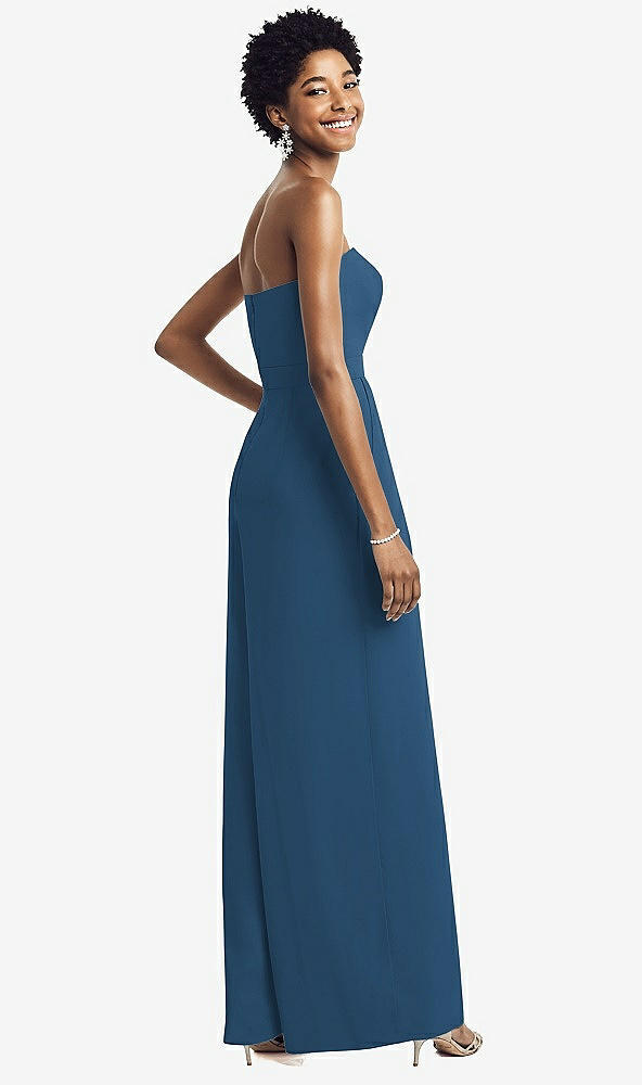 Back View - Dusk Blue Strapless Chiffon Wide Leg Jumpsuit with Pockets