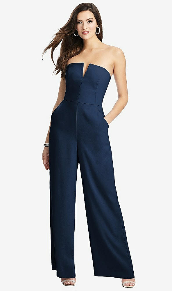 Front View - Midnight Navy Strapless Notch Crepe Jumpsuit with Pockets