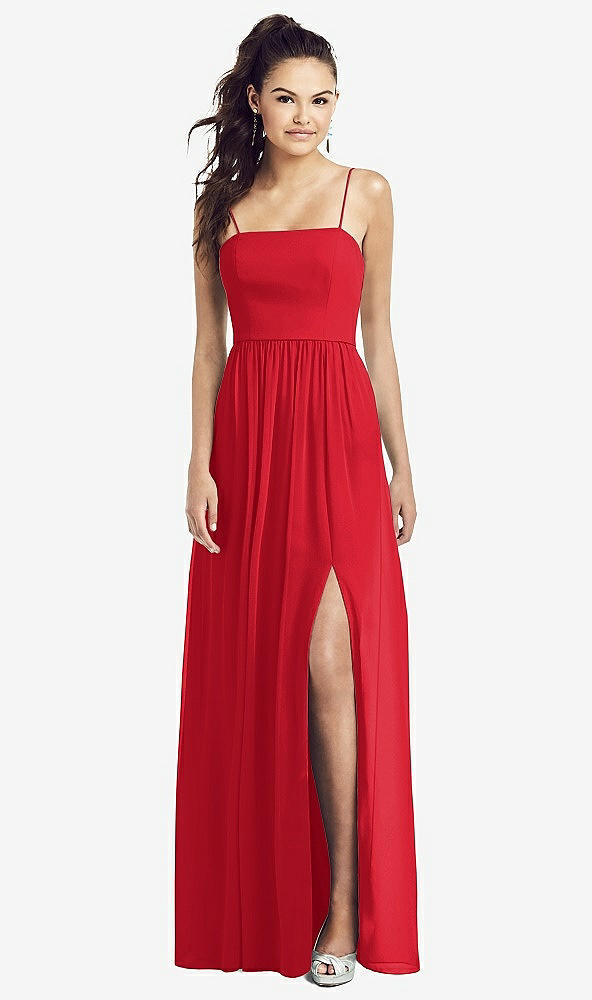 Front View - Parisian Red Slim Spaghetti Strap Chiffon Dress with Front Slit 