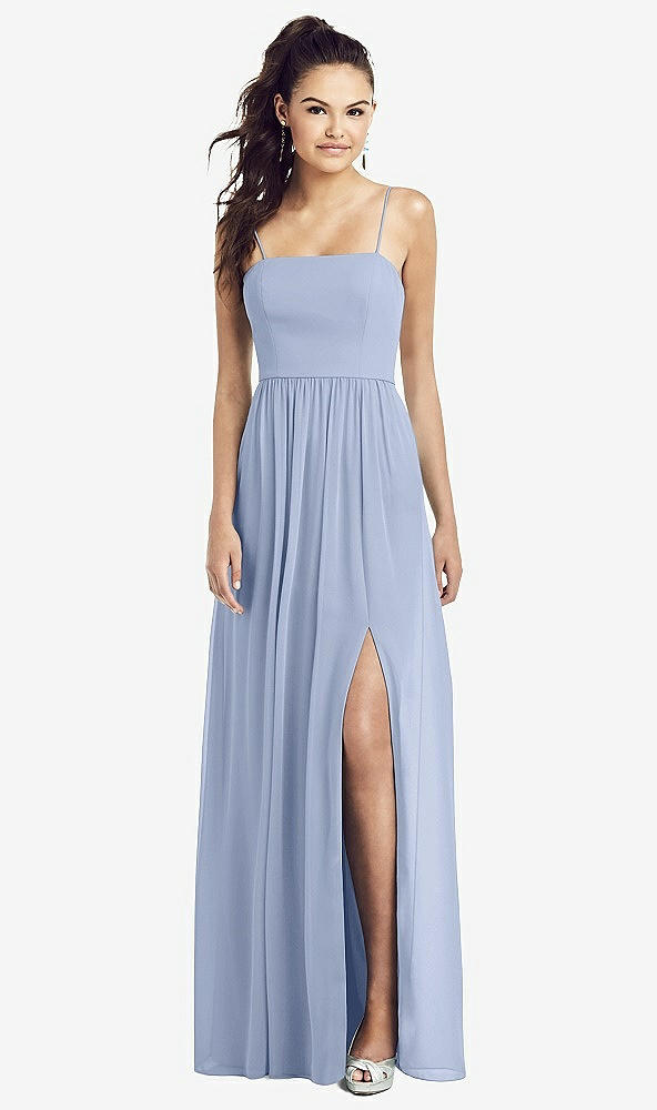 Front View - Sky Blue Slim Spaghetti Strap Chiffon Dress with Front Slit 