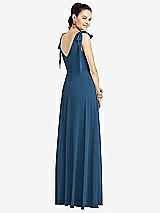 Rear View Thumbnail - Dusk Blue Bow-Shoulder V-Back Chiffon Gown with Front Slit