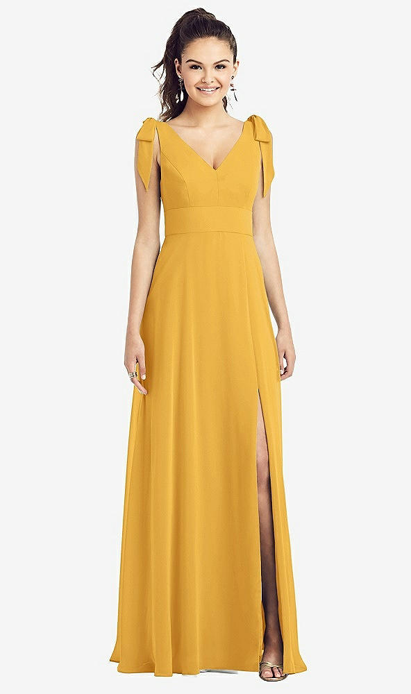 Front View - NYC Yellow Bow-Shoulder V-Back Chiffon Gown with Front Slit
