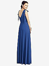 Rear View Thumbnail - Classic Blue Bow-Shoulder V-Back Chiffon Gown with Front Slit
