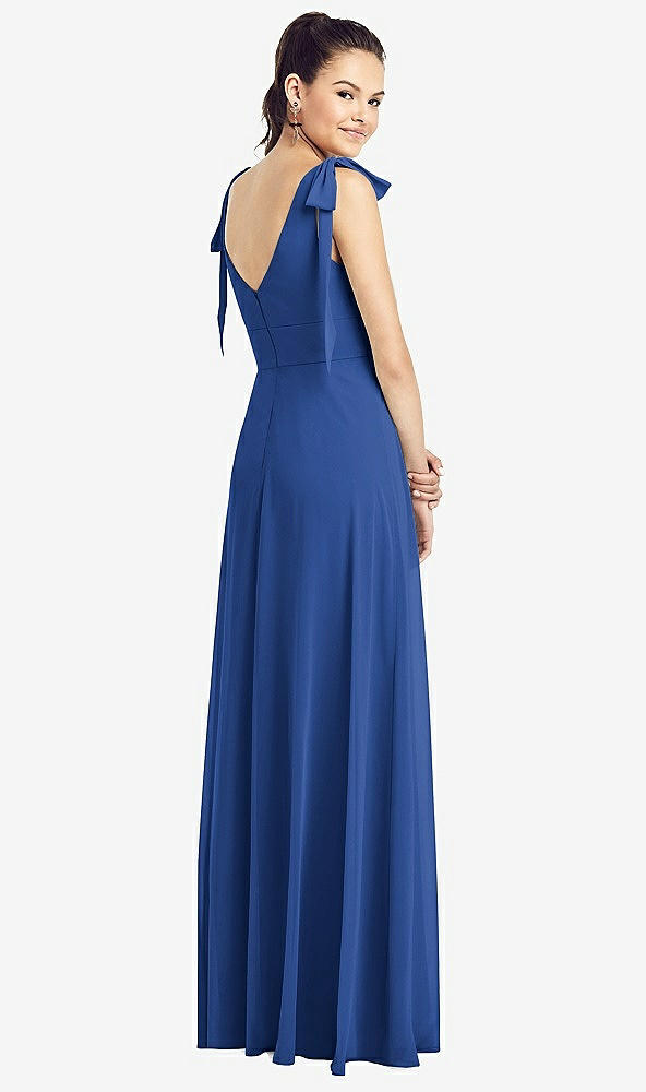 Back View - Classic Blue Bow-Shoulder V-Back Chiffon Gown with Front Slit
