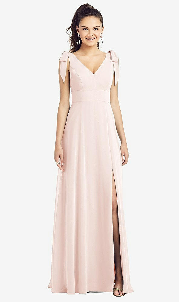 Front View - Blush Bow-Shoulder V-Back Chiffon Gown with Front Slit