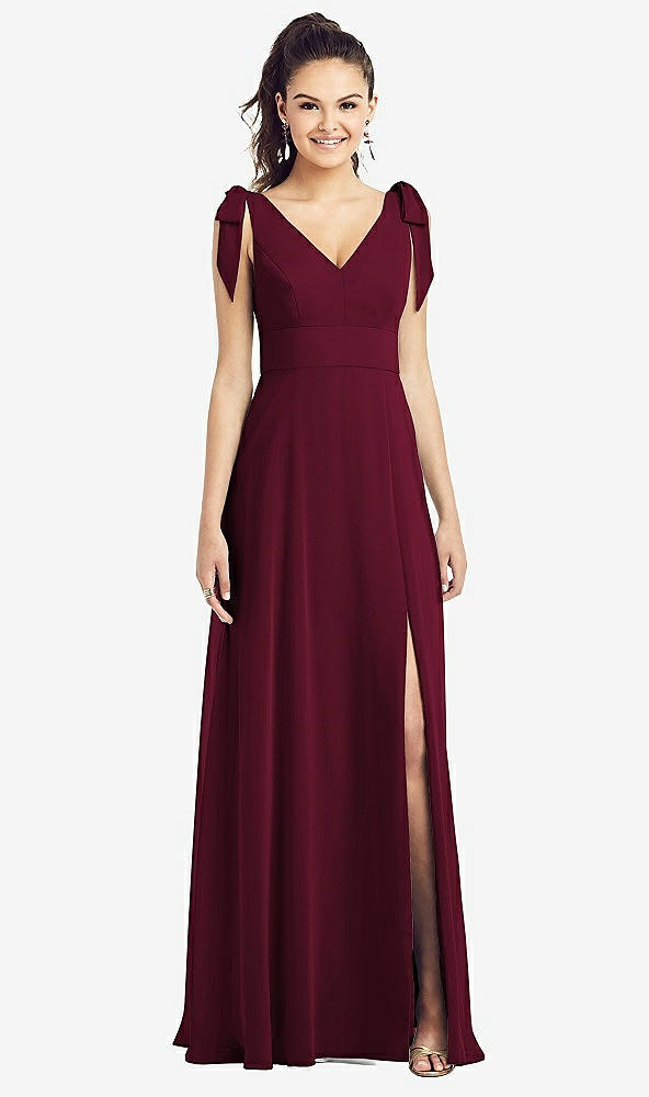 Front View - Cabernet Bow-Shoulder V-Back Chiffon Gown with Front Slit